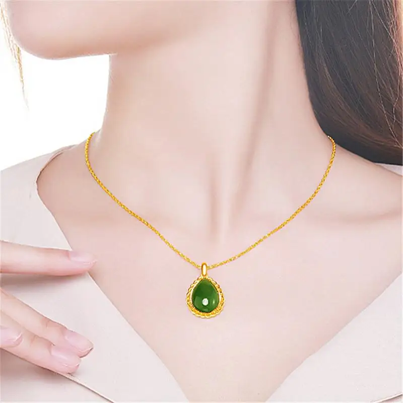 

Classical water drop green jade emerald gemstones pendant necklaces for women gold tone choker chain jewelry bijoux party gifts