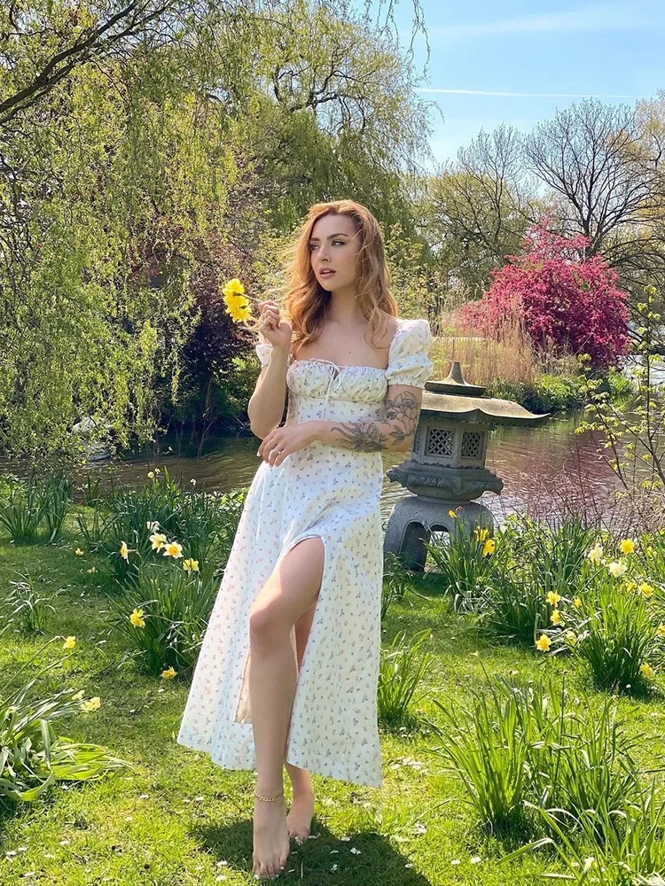 

Винтажное милое платье-миди SLMD с цветочным принтом, женское французское модное платье с разрезом по бокам и квадратным вырезом, шикарные пл...