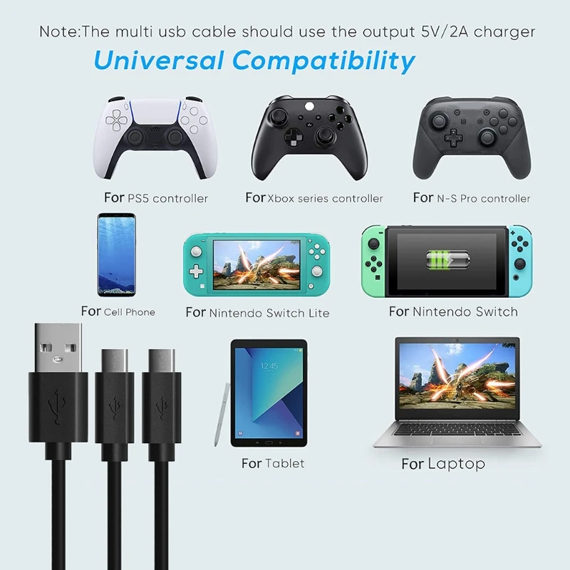 

2 in 1 Type-C USB Fast Charging Cable Cord for PS5 Controller Switch Phone Y3ND