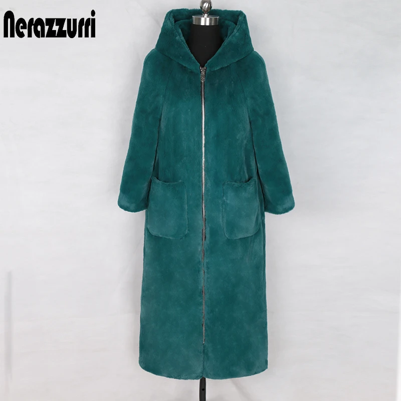 Nerazzurri Winter Long faux fur coat with Hood Long Sleeve Zipper Black Furry Fake Rabbit Fur Outwear Plus Size Korean Fashion