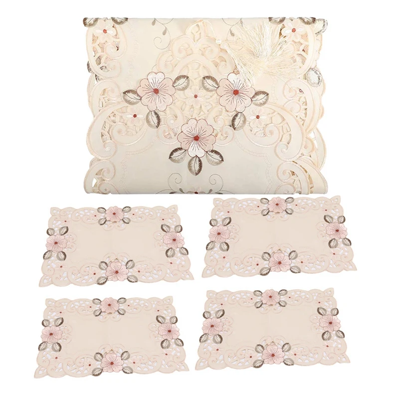 

Flowers Embroidered Table Runner Placemat Set,Table Linen For Restaurant,Kitchen,Wedding,Party,Banquet,15.74X59 In Promotion