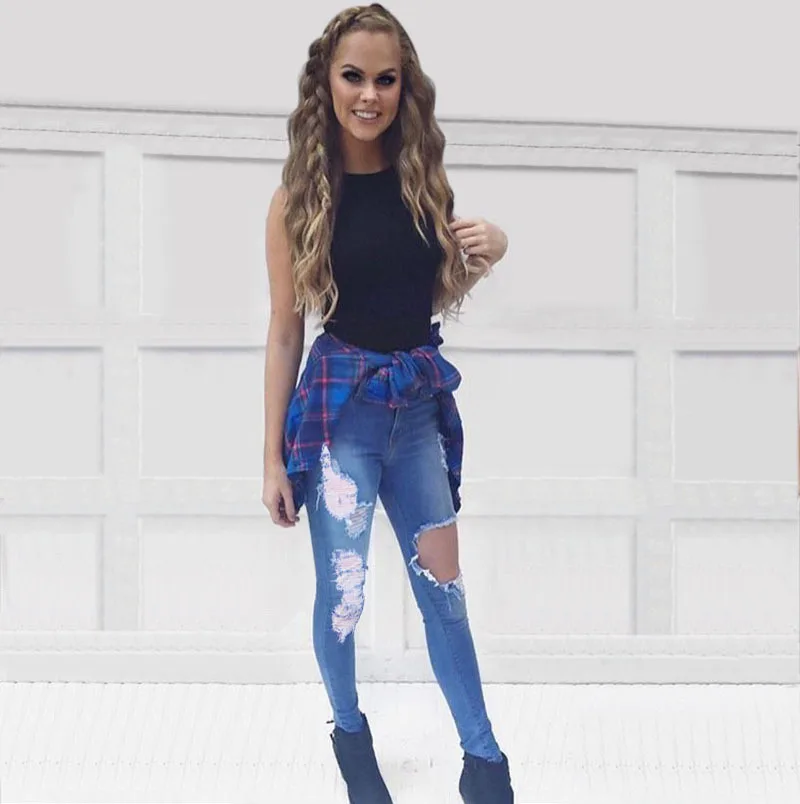 

Blue Jeans Pancil-Pants Ripped Denim High-Waist Women Stretch New Casual DM001