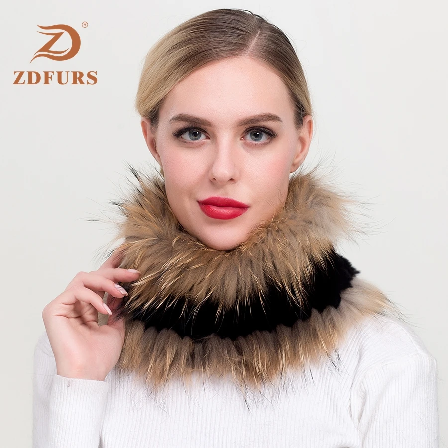 ZDFURS * 2019 Новый Для женщин Настоящий мех кролика шарф из меха енота серебро меховая