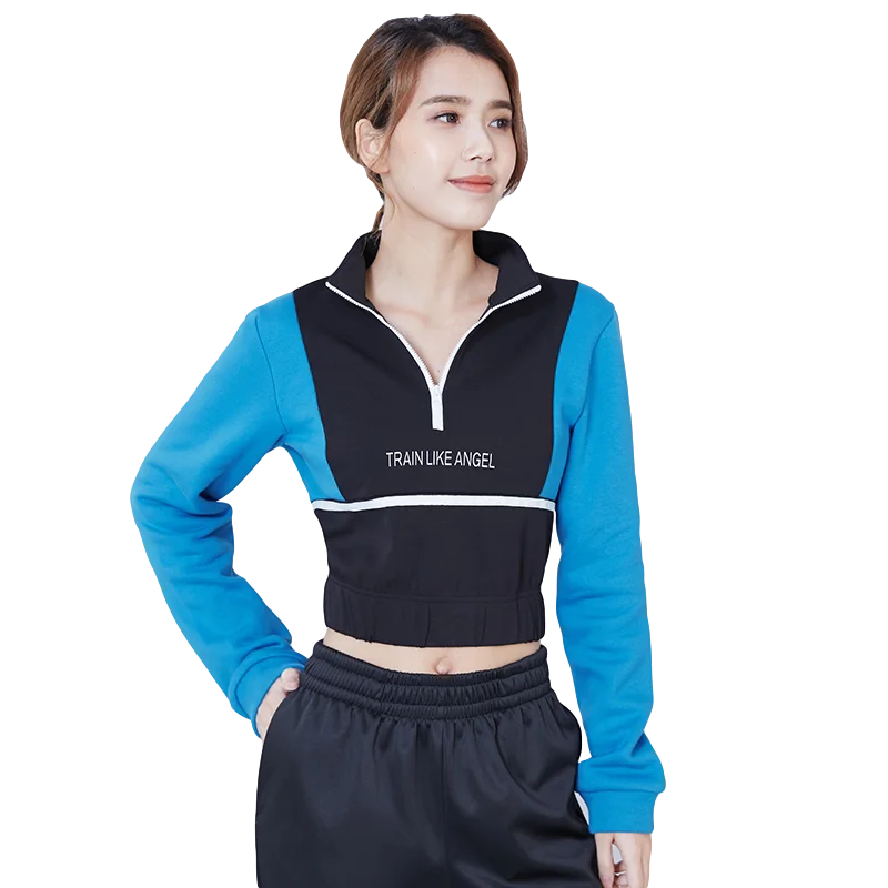 

VANSYDICAL Running Sweater Women Madarin Collar Crop Top Zipper Long Sleeve Color Patchwork Sportswear for Women Gym Clothing