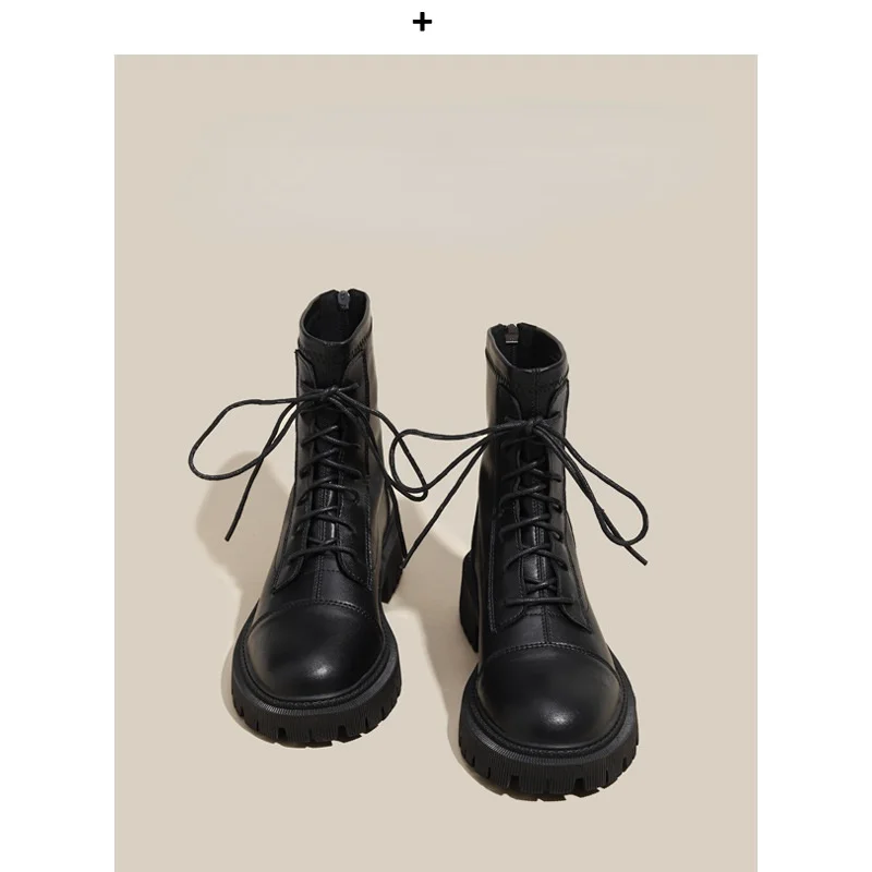 

Genuine Leather Boots for Women 2022 New Martin Boots Black Platform Shoes Warm Student Booties Lace-up Fur Shoes Botines Mujer