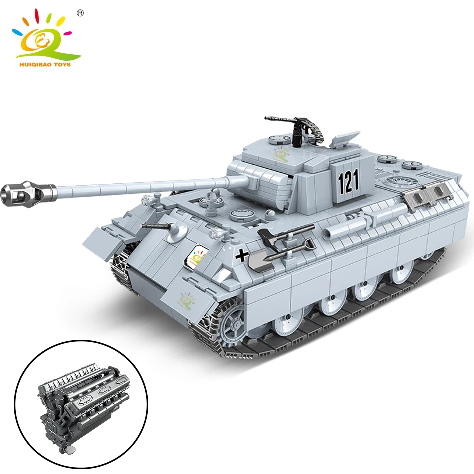 

HUIQIBAO 990pcs Military Panther 121 Tank Building Blocks Army 6 Soldier WW2 Weapon Model Bricks Construction Toys for Children