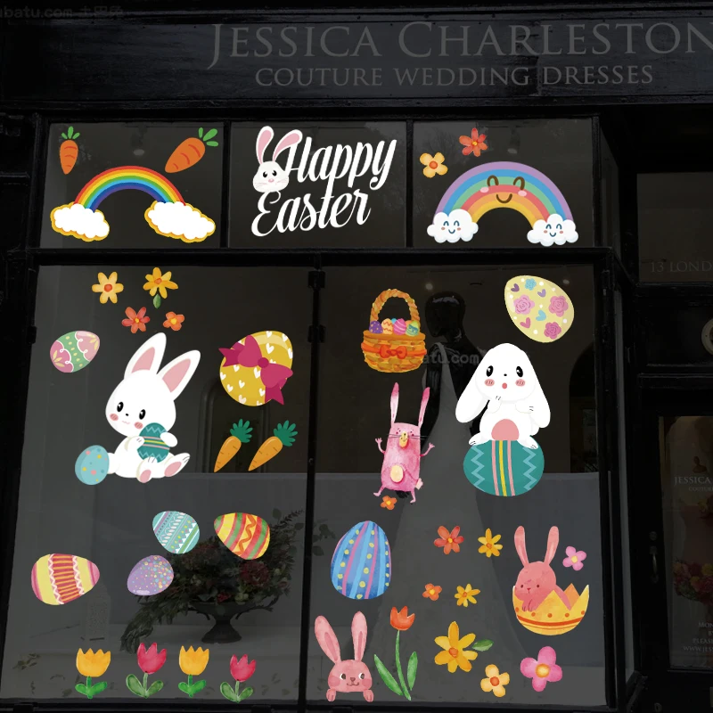 

2021 New Cute Beautiful Easter Bunny Egg Wall Stickers Glass Window Refrigerator Living Room Decoration Electrostatic Sticker