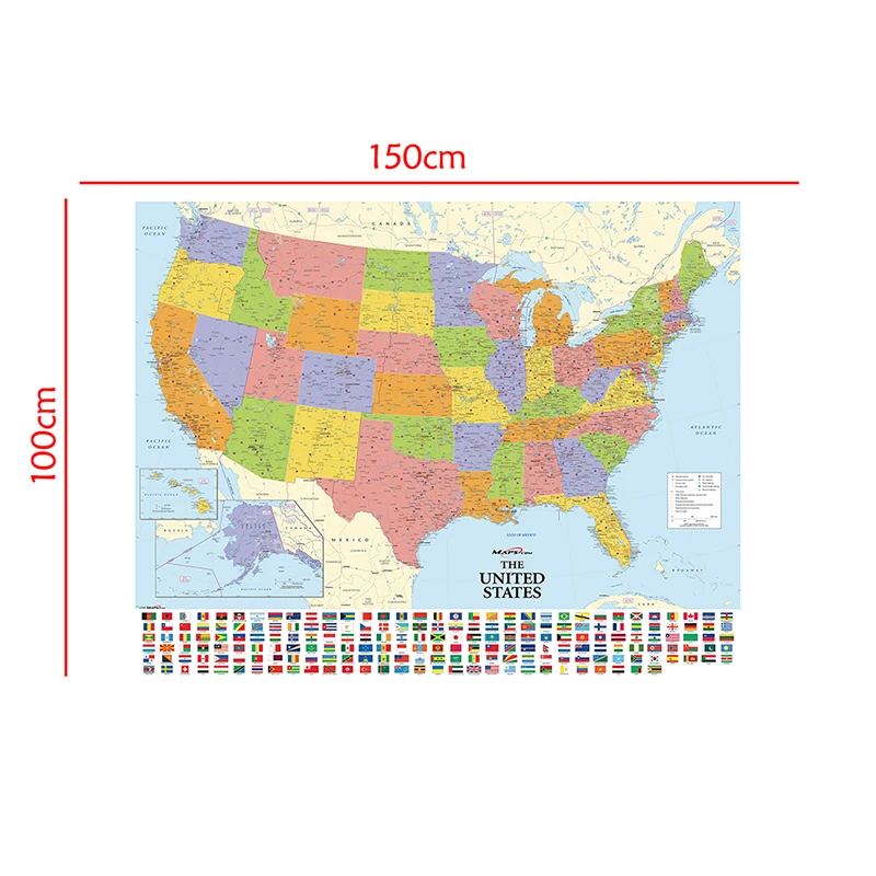 150x100cm Map of The United States with National Flags Non-woven Canvas Painting Vintage Poster Card Home Decor School Supplies |