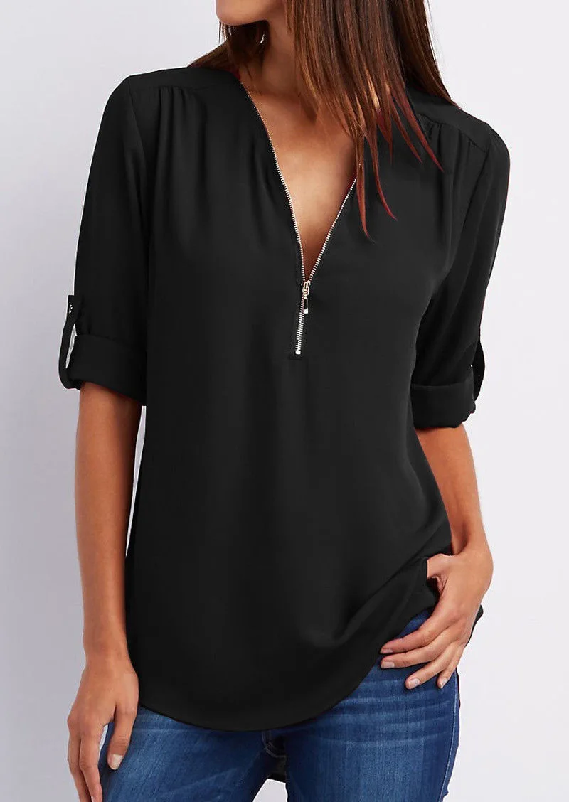 

Zipper Short Sleeve Women Shirts 2021 Sexy V Neck Solid Womens Tops And Blouses Casual Tee Shirts Tops Female Clothes Plus Size