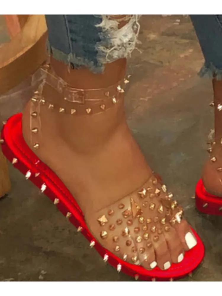 

Summer style sandals with rivets women's ankle straps punk flat shoes transparent buckle glittering slippers flat Roman shoes