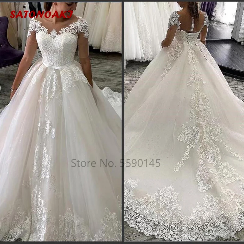 

Wedding Dress 2022 Lace Applique Sheer Jewel Neck Illusion Half Sleeve Court Train Tulle Bride Gown Vestido De Novia Robe Mariée