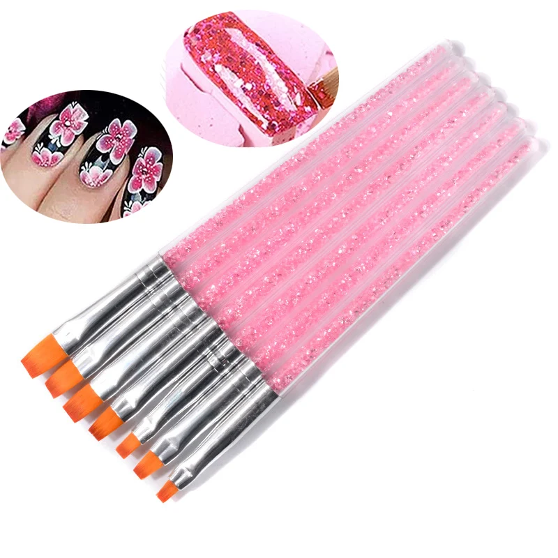 

7Pcs Drawing Brush UV Gel Brush Liner Painting Pen Pink Rhinestone Handle Acrylic Builder Nail Art Paint Carving Manicure Tools