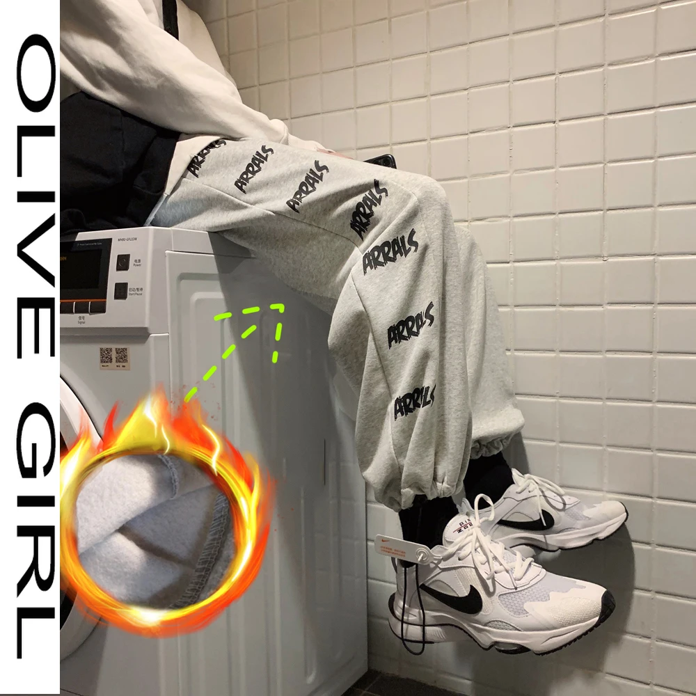 

Women Winter Warm Beam Feet Pants High Waist Straight Trousers Fleece Pants Teens Letter Sweatpants Thick Velvet Joggers