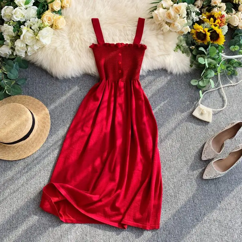 2019 Новое модное женское летнее популярное французское красное платье на тонких