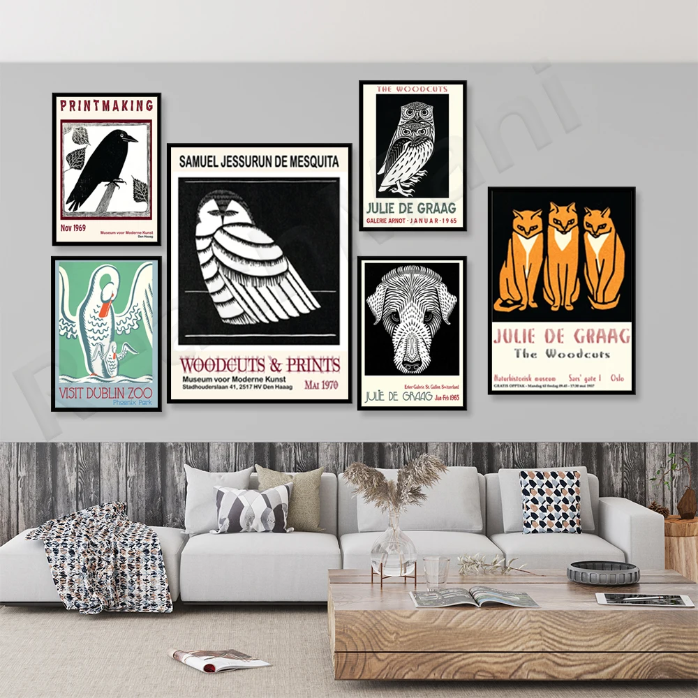 

JULIE DE GRAGG 1965, owl, dog, cat animal poster, advertising poster, vintage art exhibition canvas print poster