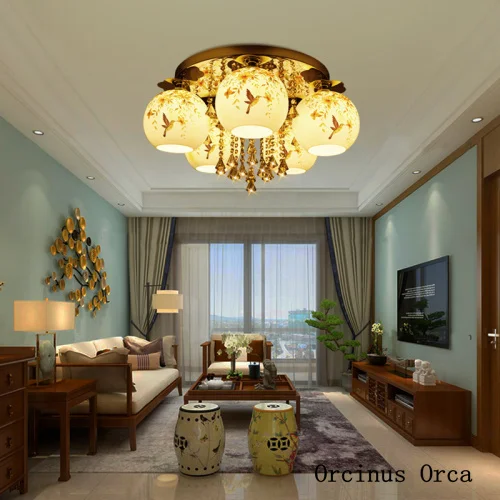 

Новая китайская креативная окрашенная керамическая потолочная лампа для гостиной, столовой, спальни, романтическая китайская Хрустальная ...