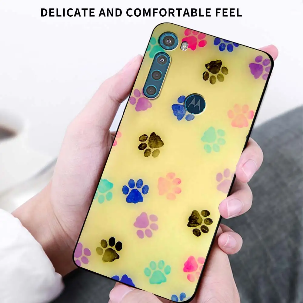 

Phone Case For Motorola G9 G8 Play One Fusion Plus G8 Power Edge E6s Black Soft Capa Mobile Covers Dog Footprints Dog Paws