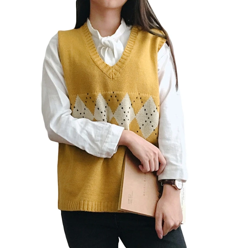 

Женский Осенний вязаный жилет без рукавов в Корейском стиле с V-образным вырезом и узором в клетку, свободный винтажный свитер контрастных ц...