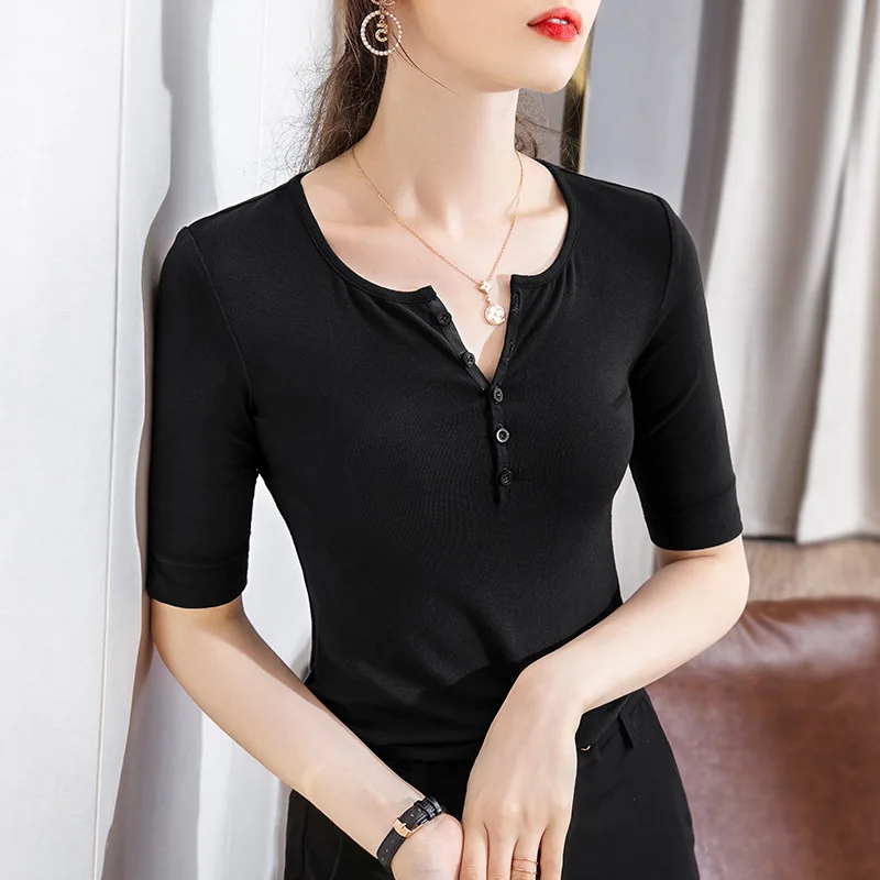 

Mid sleeve T-shirt women's early autumn new women's wear Korean casual base shirt 5 / s solid color half open collar top