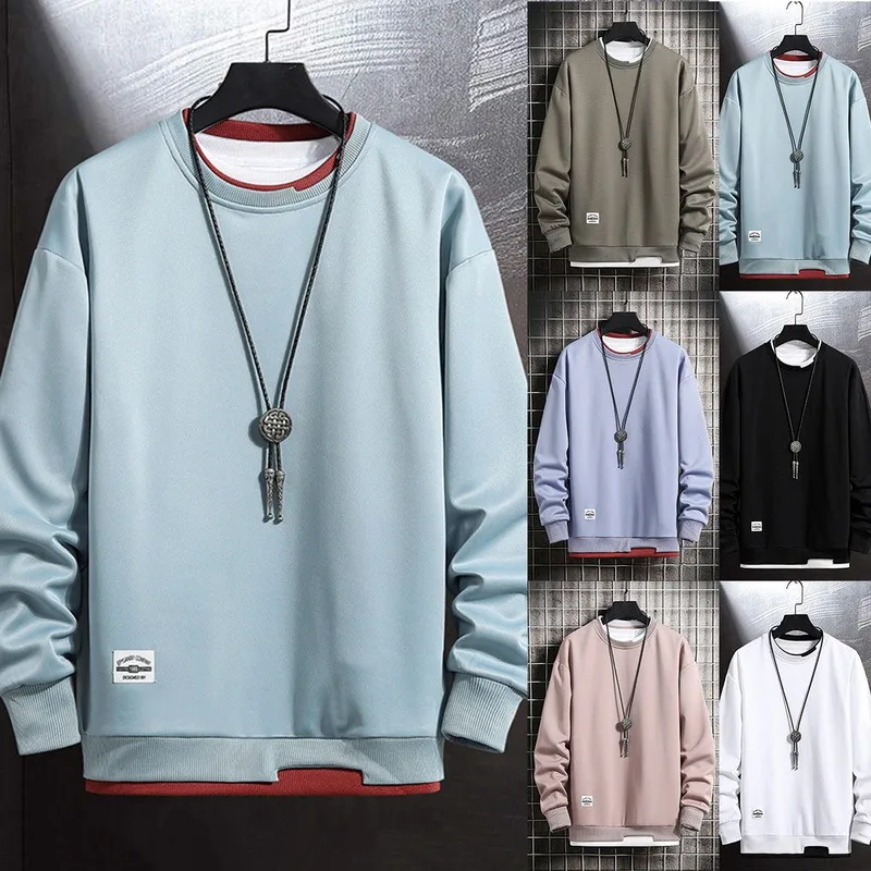 

Men Casual Sweatshirts Fake Two Pieces Solid Color Round Neck Fashion Male Sweatshirt Multi Color O-Neck Sweatshirt