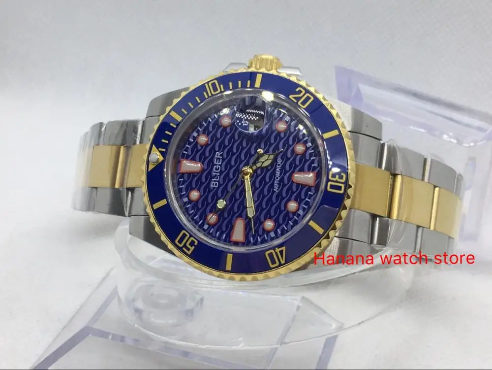 Sapphire Crystal BLIGER 40MM Blue Dial Men's Watch Ceramic Bezel Gold Plated Stainless Steel Case MIYOTA Automatic Movement | Наручные