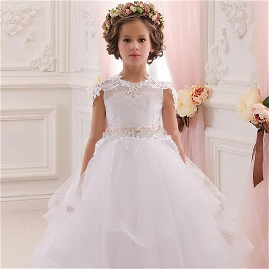 Платья для девочек с белыми цветами Кружевная аппликация пушистое Тюлевое