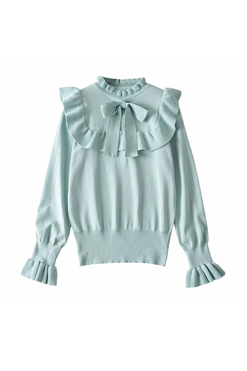 

WHLP niche French sweet falbala bowknot long-sleeved show white tender wind sweater knit a female