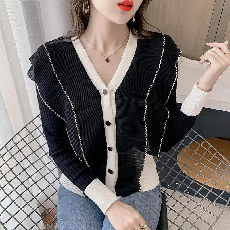 

Свитер с V-образным вырезом и оборками, Новинка осени 2021, модный свитер в иностранном стиле, рубашка, топ с длинными рукавами, кардиганы