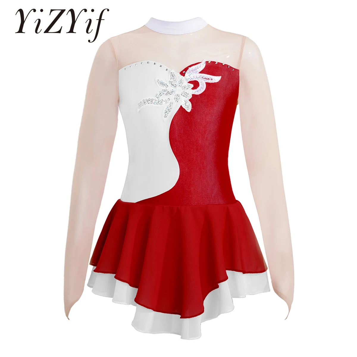 

Figure Skating Dress Kids Girls Child Sparkly Tulle Ballerina Gymnastic Leotard Ballet Dress Long Sleeves Mesh Splice Dancewear