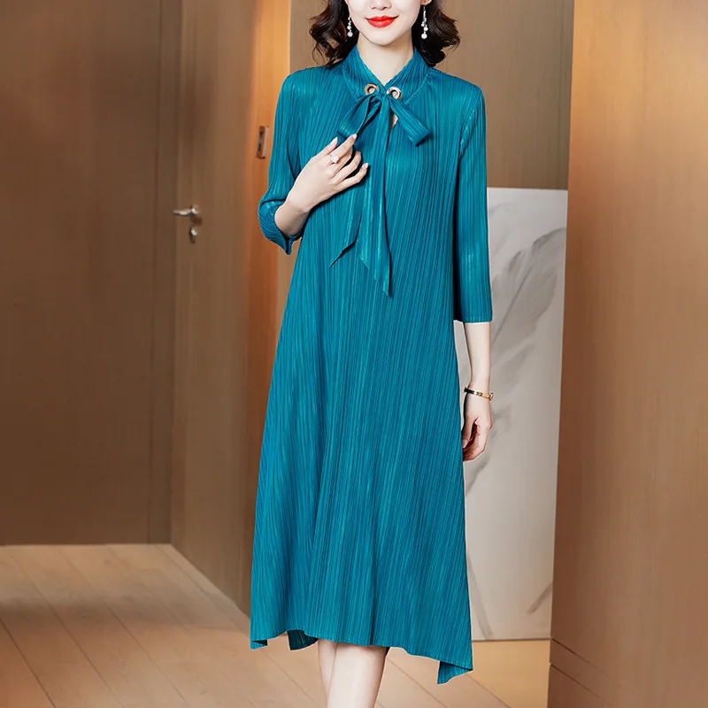 

Dresses For Women 45-75kg Spring New Solid Colour Elastic Miyake Pleated Three Quarter Sleeve Dress Mid-Calf Length