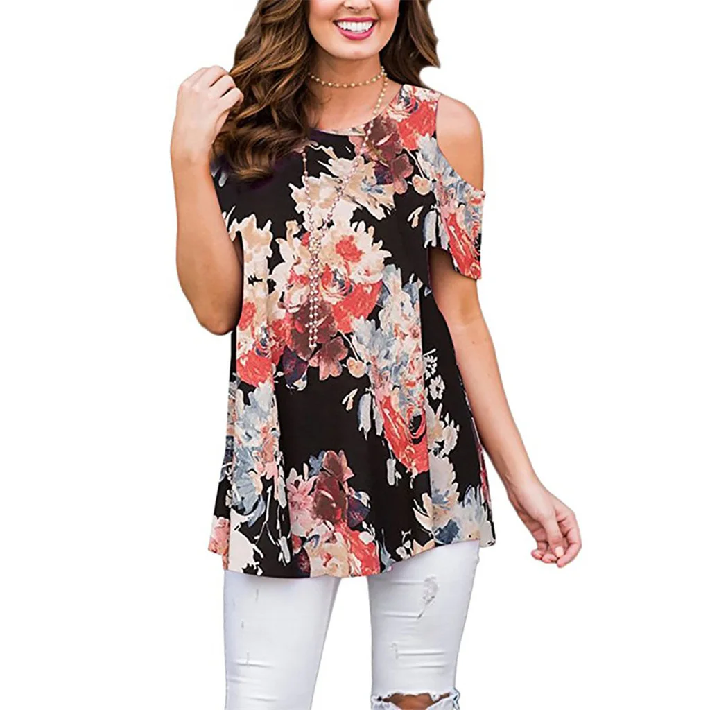 Женские шифоновые блузки топы с открытыми плечами короткий рукав цветочный