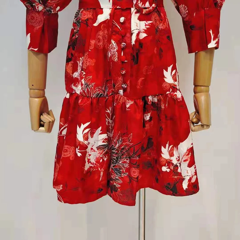 

Red Print Mini Dress For Women Stand Collar Lantern Long Sleeve High Waist Double Sashes Vintage Dresses Female New