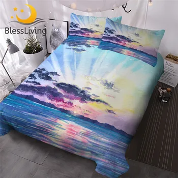 BlessLiving Watercolor Bedding Set Sunrise Comforter Cover Sunset on the Sea Bed Cover Set Colorful Landscape Bedspread Dropship 1