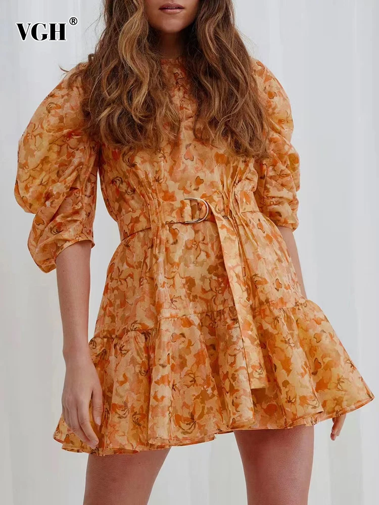 

VGH Vintage Print Colorblock Dress For Women Round Neck Long Sleeve High Waist Knee Length Dresses Female Korean Fashion Clothes