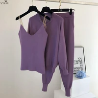 hot sell 3 piece knitting suit long sleeved zip jacket cardigans tank top pants women fashion solid lounge set casual tracksuits
