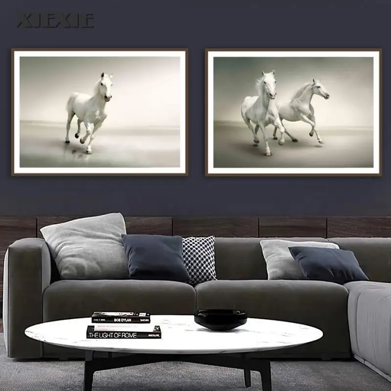 

White Horse Swan Lake Reflection Animal Canvas Painting Nordic Wall Art Posters and Prints Wall Pictures for Living Room Decor