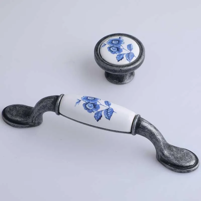 Винтажный стиль ручки для комода белый и синий porcelian Ящики шкафа тянет черный