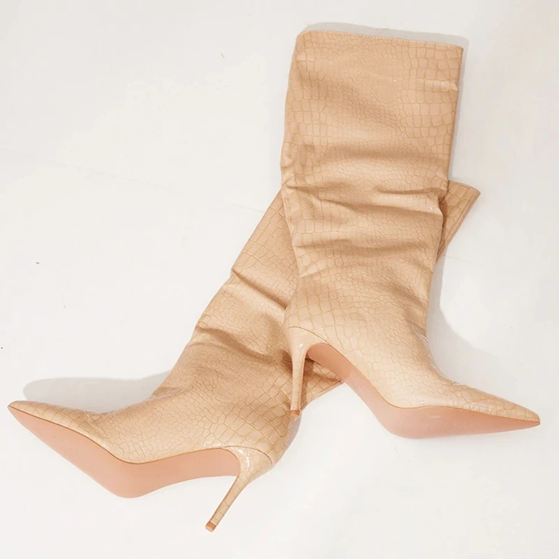 Knee High Crocodile Print Upper Short High Heel Boots Fashion Pointy Toe Light Winter Shoes Women's Booty Big Size 43