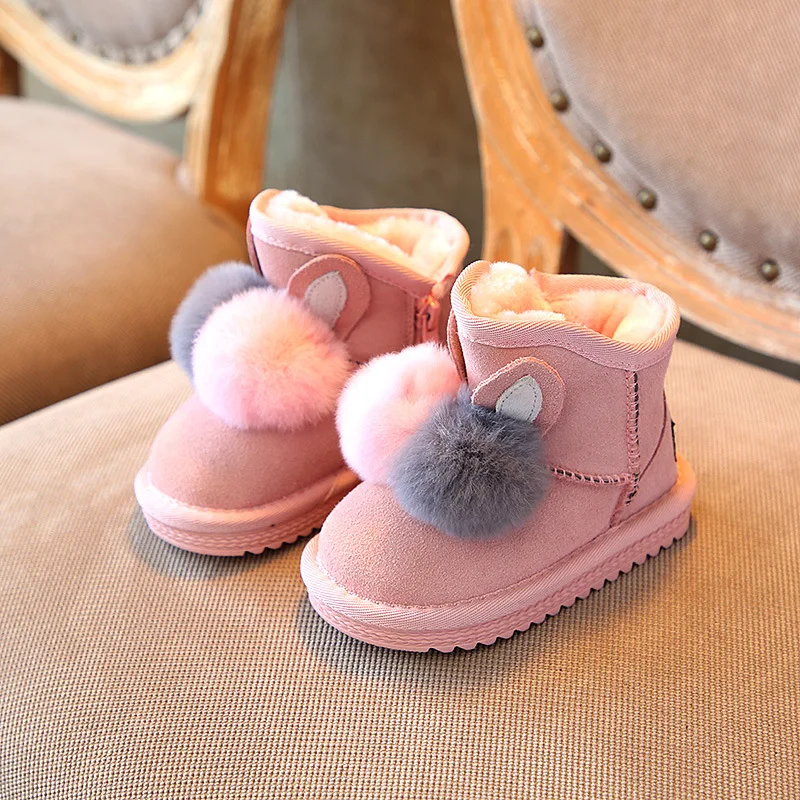 DOGEEK Cute Children's Boots Rabbit Fur Ball Snow Girl Velvet Thick Children Boot Winter Warm Shoes Kids Cotton Baby |