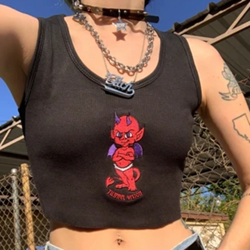 

Korean Style Harajuku Tank Top E-girl Indie Mall Gothic Printed Black White Sleeveless Crop Vest Y2K Aesthetic Women Streetwear