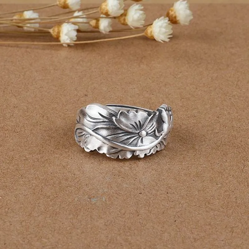 

2019 New 100% S990 pure silver matte female ring fashion Chinese style lotus ring for female Thai silver woman's ring