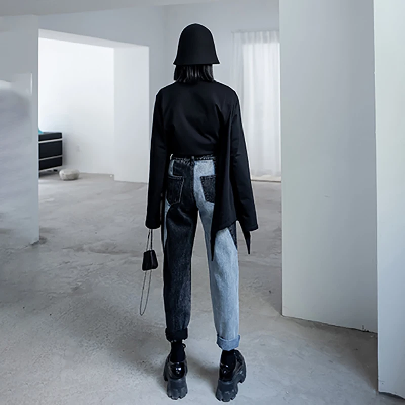 

Blue Leg Black Denim Contrast Color Jeans New High Waist Loose Women Trousers Fashion Tide Spring Autumn 2021 1DD1214