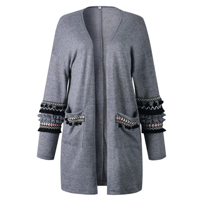 Gray Женский модный свитер осень зима Винтаж повседневное вязаное Свободное свитер кардиган Офисная Леди средней длины свитер с кисточками пальто - Цвет: Gray