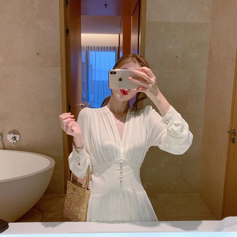 

Sexy V-neck Loose Mid-length Dress Women's Long-sleeved Party Dress Spring Button-shaped Fairy Chiffon Costume Free Shipping