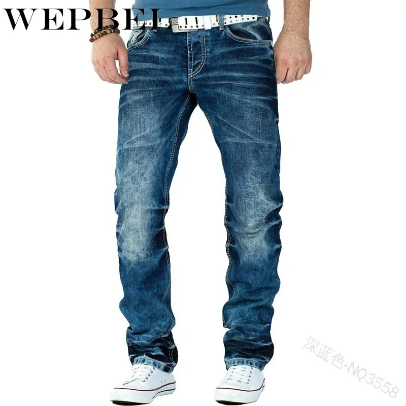 

WEPBEL Slim Fit Men's Motorcycle Jeans Pleated Casual Biker Male Pants Broken Holes Straight Legs Hip Hop Jeans Trouser For Men