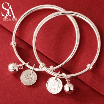 SA SILVERAGE Lucky Words for Boys and Girls Solid Bracelet Gifts Baby Bell Sterling Silver Bracelet Baby A Pair of 999 Silver