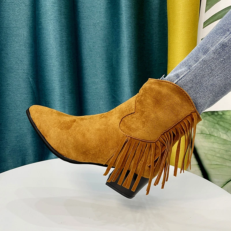 

Retro Fringed Ankle Boots Women Fashion Thick Heel Pointed Short Western Boots Autumn Winter Street Style Punk Goth Female Shoes
