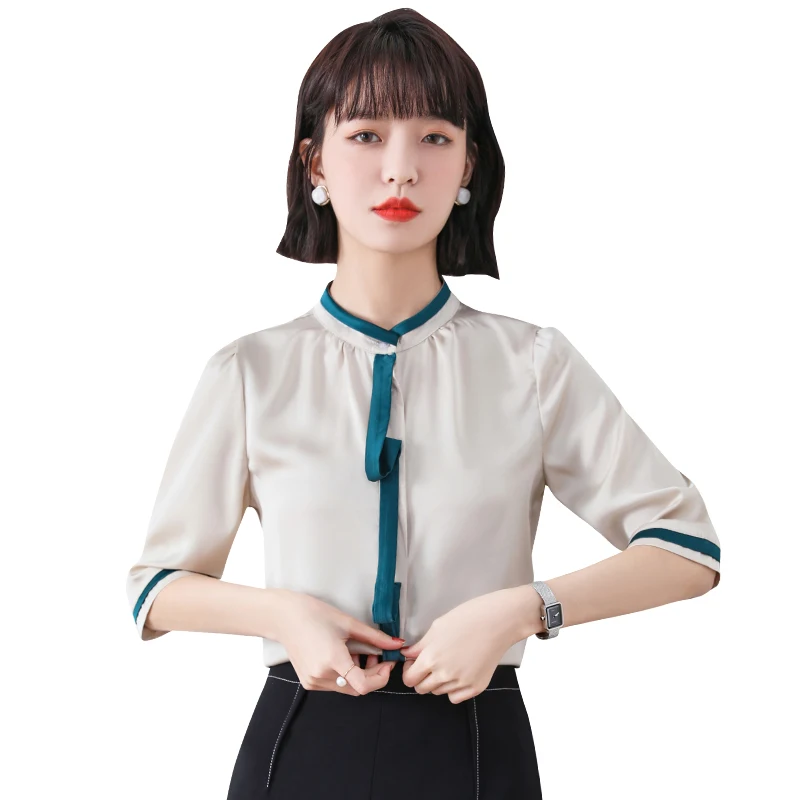 

Summer Korean Fashion Silk Woman Shirts Satin Office Lady Short Sleeve Buttoned Shirt Black Ladies Tops Blouse