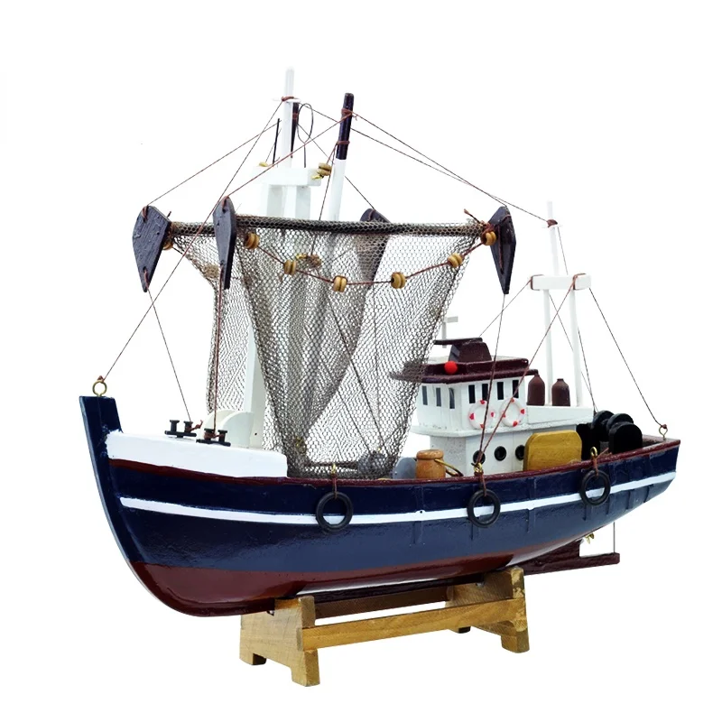 

Blue Wooden Fishing Boat Sailing Model Home Decoration 27 X30x9.5 cm Gift for Children and Adults