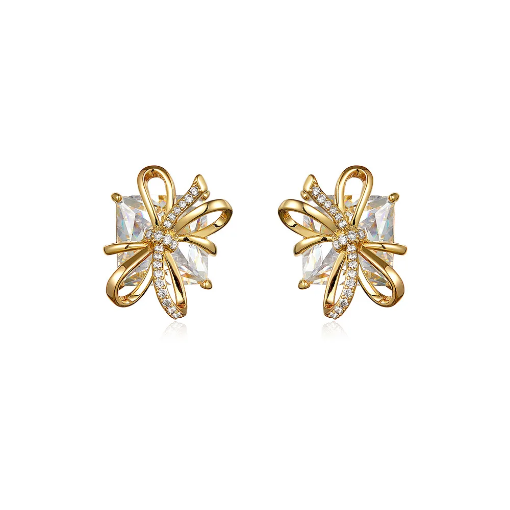 

Super Fairy Design Sparkling Glistens Girls Gift Box-Shape Inlay Crystal Zircon Bow Stud Earrings 925 Silver Earrings Jewels